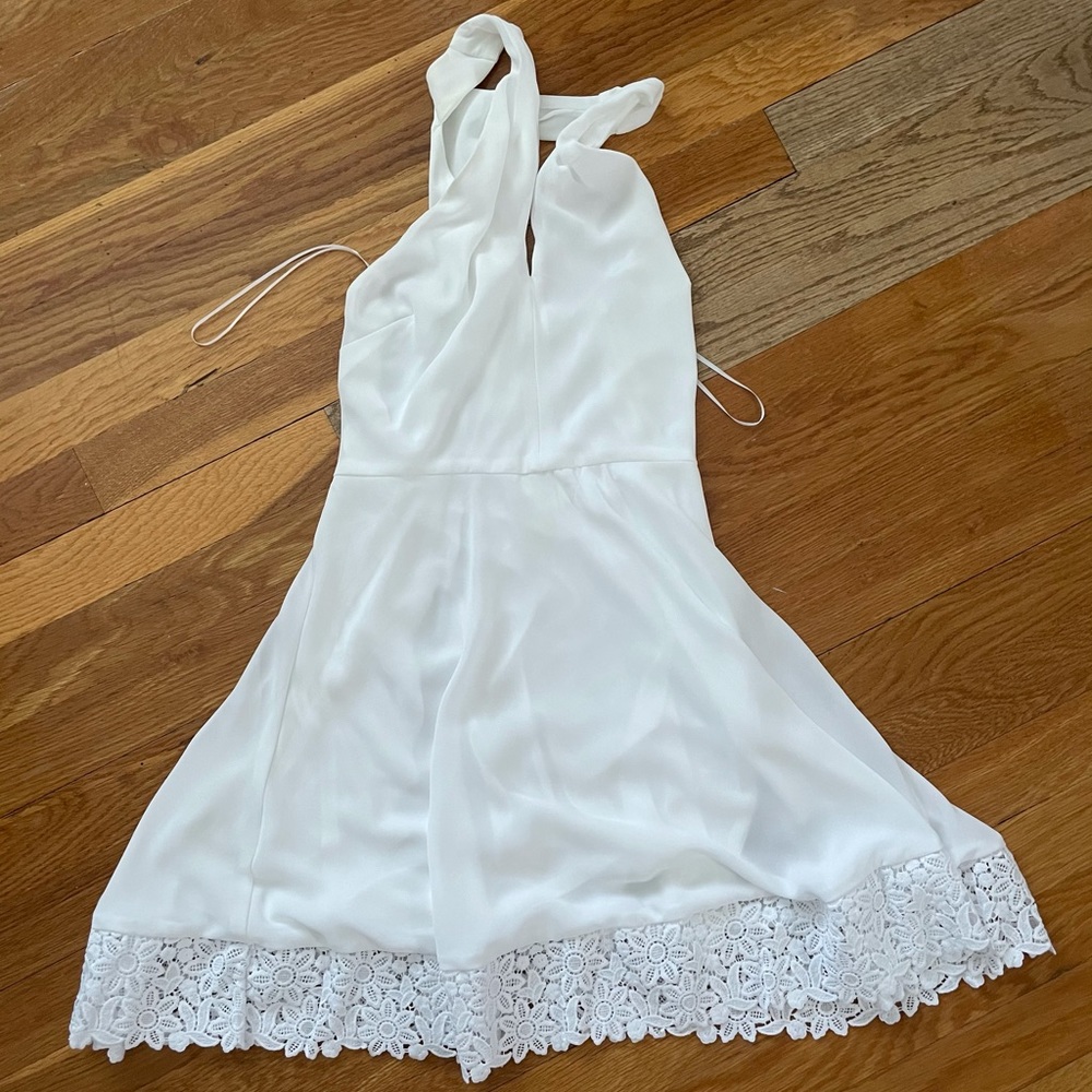 express white dress with floral print trim